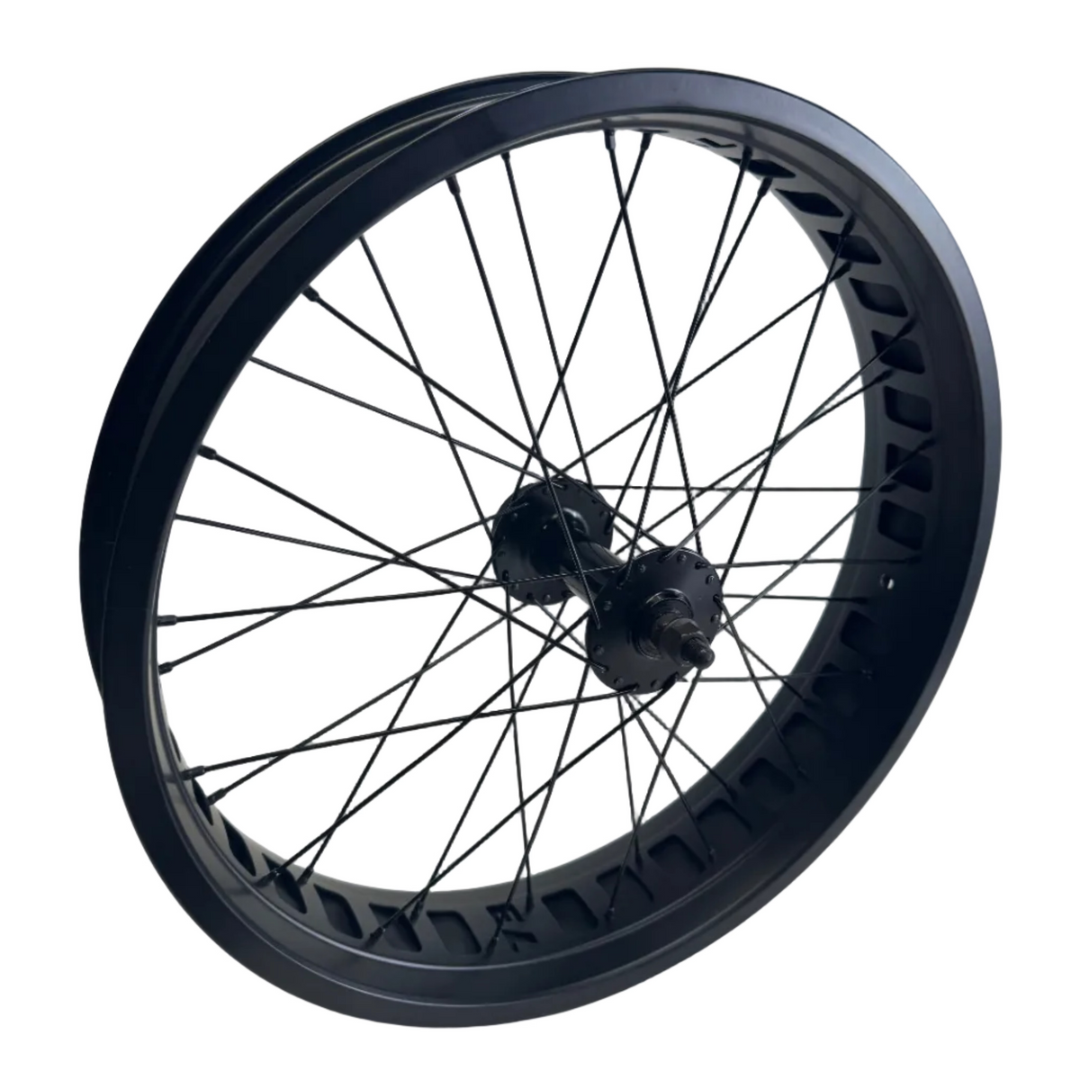 Black bicycle wheel rim on a white surface