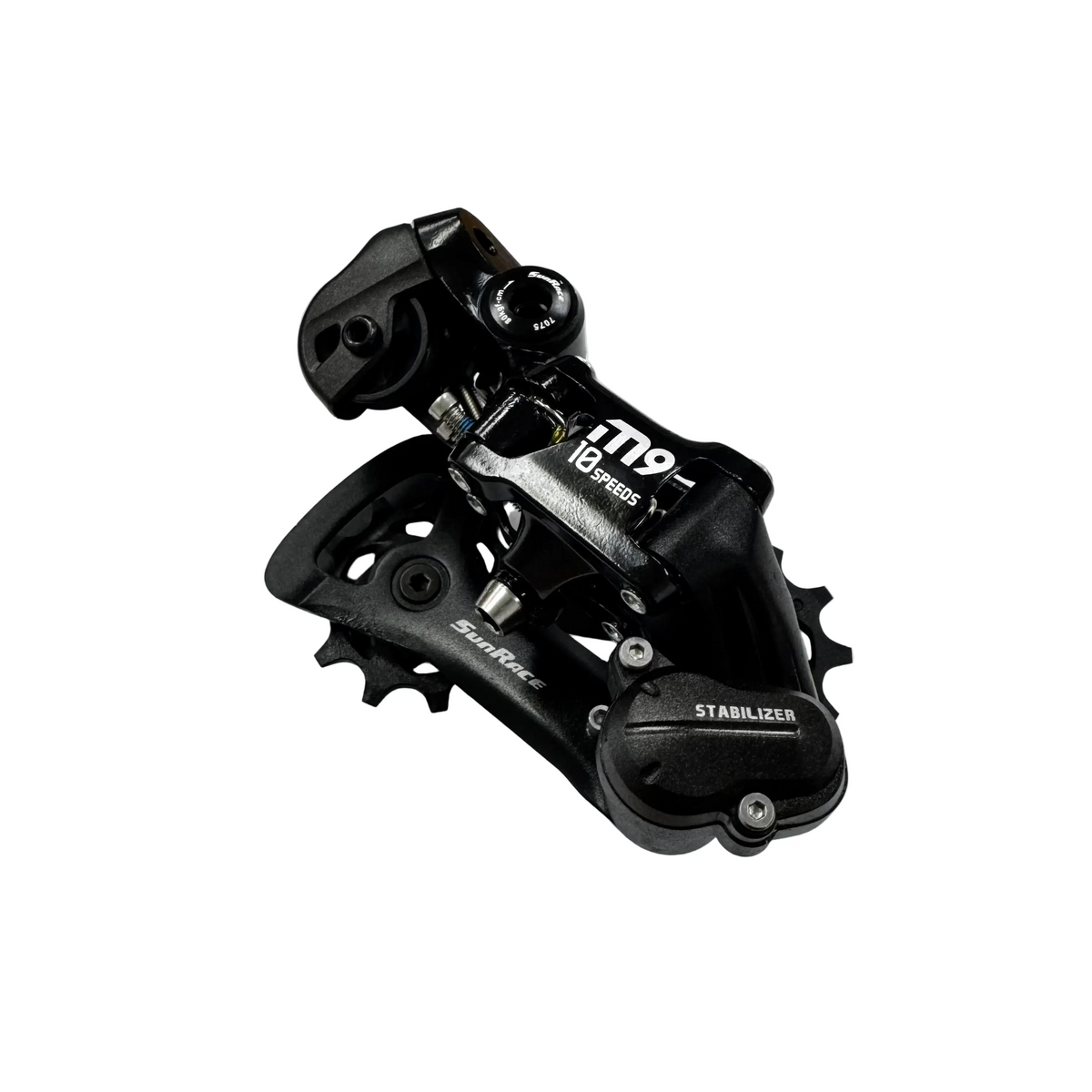 A black Shimano Sunrace rear derailleur for bicycle road cycling.