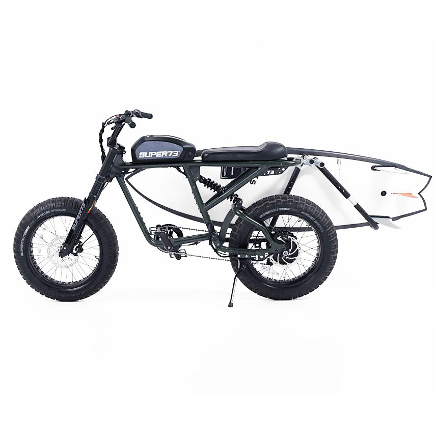 Super73 ebike carrying surfboard