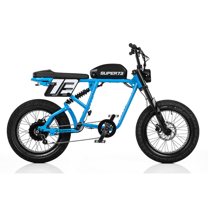 Side view of a Super73 ebike with number plate installed