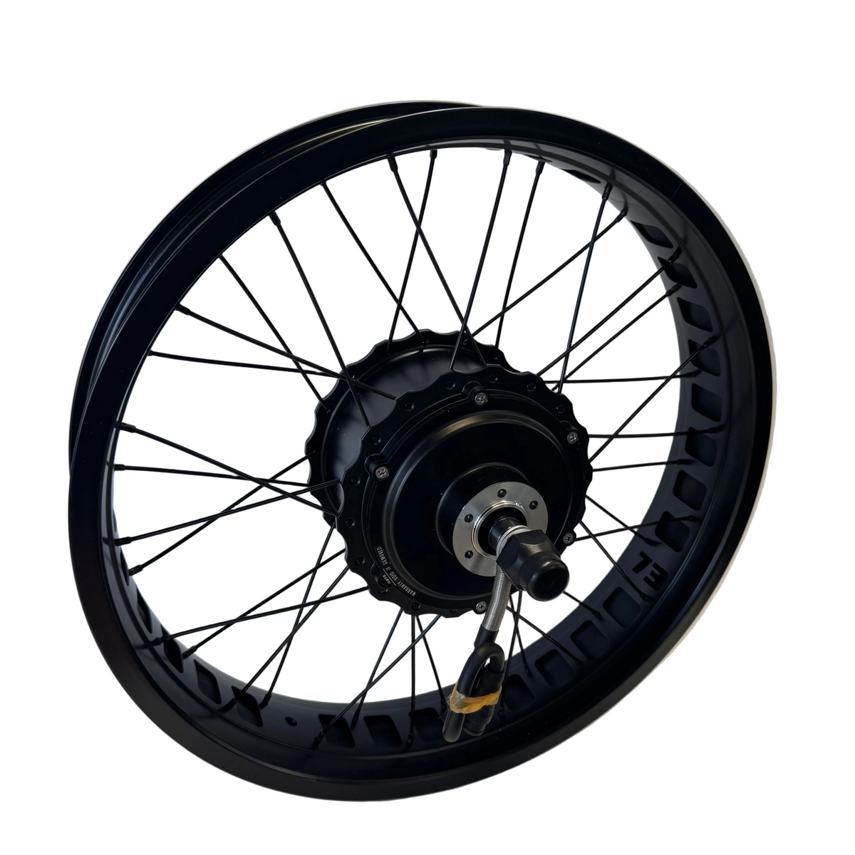 Black bicycle wheel with hub on a white background