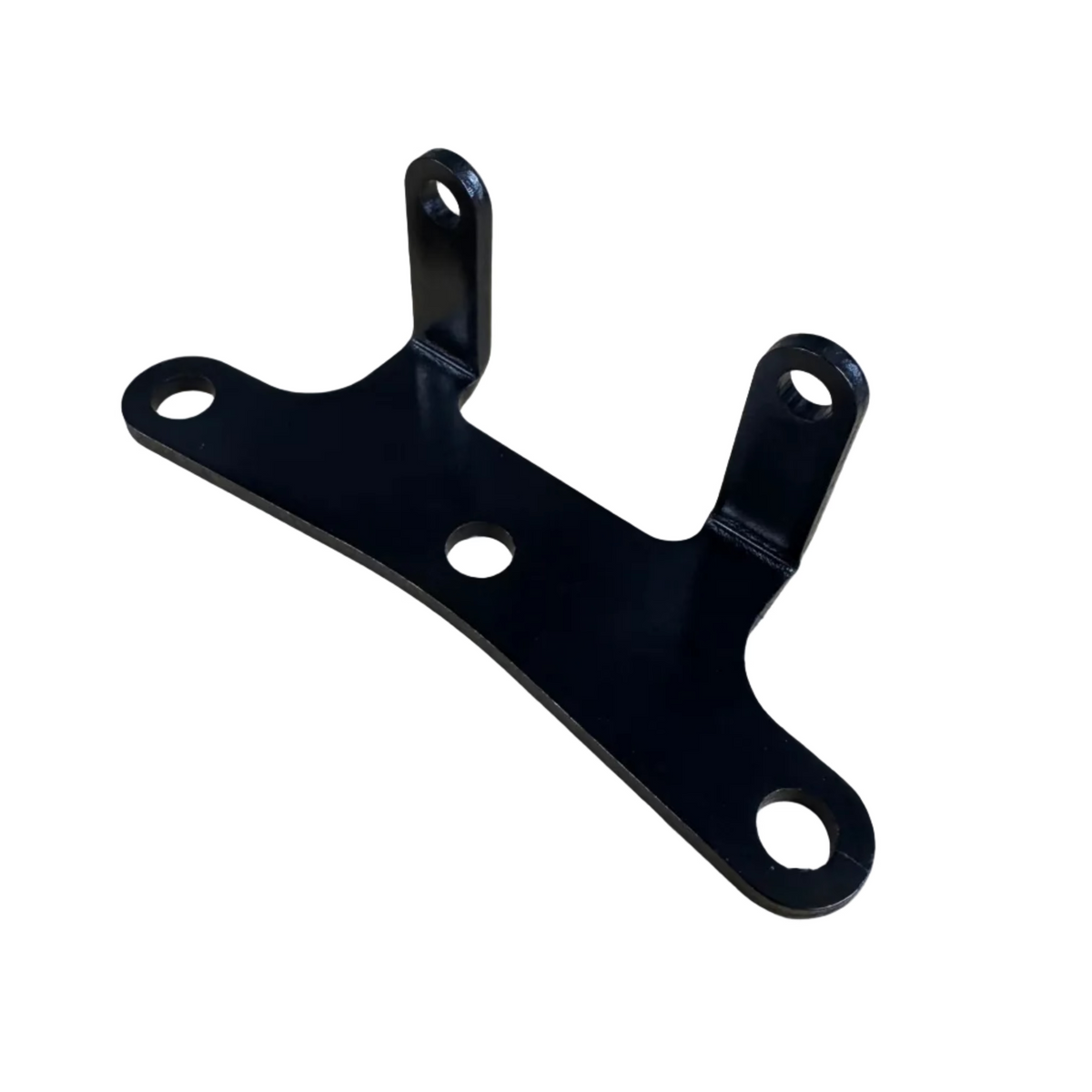Black metal bracket on a cardboard surface with a blue trash bin in the background.
