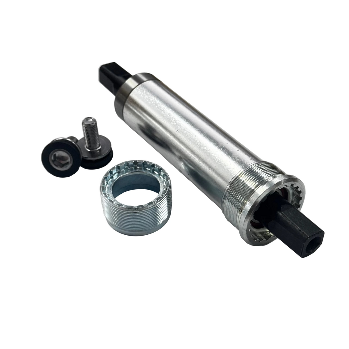 A cylindrical metal mechanical component with a square black shaft, shown alongside two small hardware pieces.