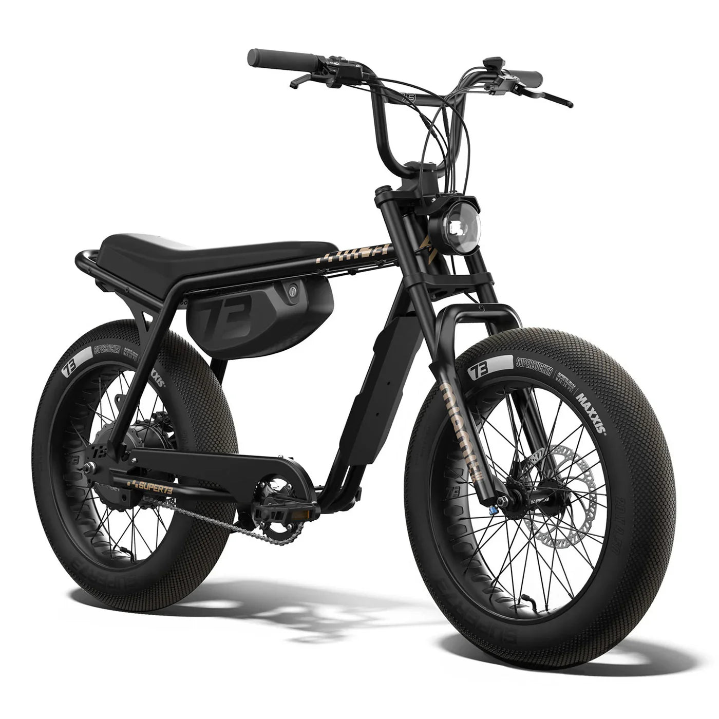 A black Super73-Z MIAMI Special Edition electric bike with fat tires, a brown seat, and white wall tires.